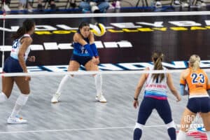 Omaha Supernovas Camila Gomez (10) passes the ball against the Indy Ignite in the second set during a professional volleyball match Sunday, March 2, 2025 in Omaha, Nebraska. Photo by John S. Peterson.