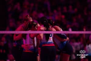 Omaha Supernovas huddle up after taking the first set against the Indy Ignite during a professional volleyball match Sunday, March 2, 2025 in Omaha, Nebraska. Photo by John S. Peterson.