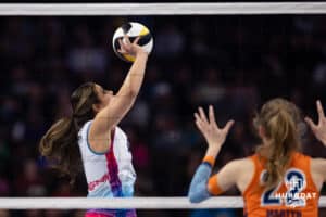 Omaha Supernovas Natalia Valentin-Anderson (1) sets the ball against Indy Ingite Lydia Martyn (22) in the first set during a professional volleyball match Sunday, March 2, 2025 in Omaha, Nebraska. Photo by John S. Peterson.