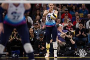 Omaha Supernovas Lindsay Krause (22) prepares to serve the ball against the Indy Ignite in the first set during a professional volleyball match Sunday, March 2, 2025 in Omaha, Nebraska. Photo by John S. Peterson.