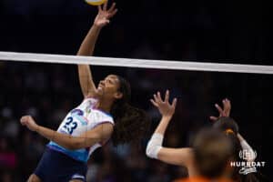 Omaha Supernovas Kaitlyn Hord (23) spikes the ball against the Indy Ignite in the first set during a professional volleyball match Sunday, March 2, 2025 in Omaha, Nebraska. Photo by John S. Peterson.