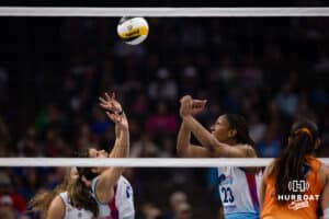 Omaha Supernovas Natalia Valentin-Anderson (1) sets the ball for Omaha Supernovas Kaitlyn Hord (23) in the first set during a professional volleyball match Sunday, March 2, 2025 in Omaha, Nebraska. Photo by John S. Peterson.