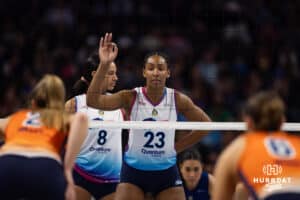 Omaha Supernovas Kaitlyn Hord (23) ready for a serve against the Indy Ignite in the first set during a professional volleyball match Sunday, March 2, 2025 in Omaha, Nebraska. Photo by John S. Peterson.