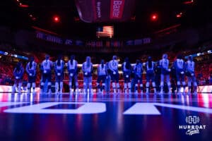 Omaha Supernovas line up for the National Anthem before taking on the Indy Ignite during a professional volleyball match Sunday, March 2, 2025 in Omaha, Nebraska. Photo by John S. Peterson.