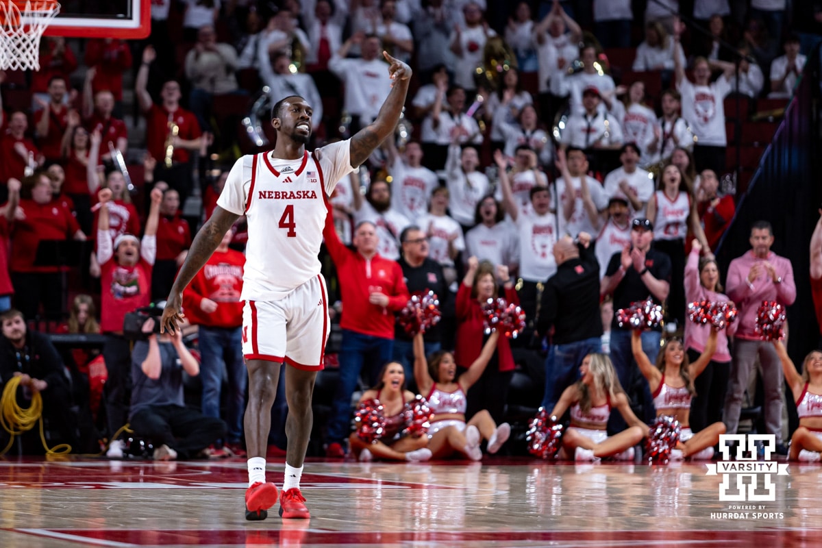 Nebraska Men’s Basketball v Minnesota | March 1, 2025 Nebraska Cornhusker forward Juwan Gary (4) celebrates a three-point shot against the Minnesota Golden Gophers in the second half during a men’s college basketball game Saturday, March 1, 2025 in Lincoln, Nebraska. Photo by John S. Peterson.