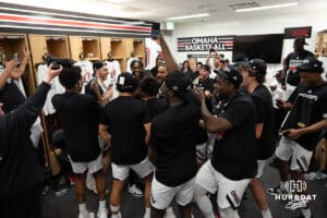 Omaha Mavericks destroy a trash can after a college basketball game against Oral Roberts on March 1st, 2025 in Omaha Nebraska. Photo by Brandon Tiedemann.