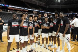 Omaha Mavericks pose after a college basketball game against Oral Roberts on March 1st, 2025 in Omaha Nebraska. Photo by Brandon Tiedemann.