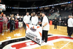 Omaha Mavericks coaches after a college basketball game against Oral Roberts on March 1st, 2025 in Omaha Nebraska. Photo by Brandon Tiedemann.