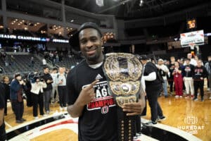 Omaha Mavericks Pablo Soumare celebrates after a college basketball game against Oral Roberts on March 1st, 2025 in Omaha Nebraska. Photo by Brandon Tiedemann.