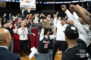 Omaha Mavericks chancelor Joanne Li celebrates after a college basketball game against Oral Roberts on March 1st, 2025 in Omaha Nebraska. Photo by Brandon Tiedemann.