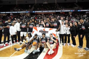 Omaha Mavericks pose for a photo after winning the Summit League Regular Season Title after a college basketball game against Oral Roberts on March 1st, 2025 in Omaha Nebraska. Photo by Brandon Tiedemann.