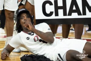 Omaha Mavericks JJ White celebrates with the number one during a college basketball game against Oral Roberts on March 1st, 2025 in Omaha Nebraska. Photo by Brandon Tiedemann.