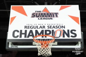 Omaha Mavericks win the Summit League Regular Season Title after a college basketball game against Oral Roberts on March 1st, 2025 in Omaha Nebraska. Photo by Brandon Tiedemann.