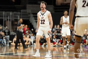 Omaha Mavericks Tony Osburn celebrates during a college basketball game against Oral Roberts on March 1st, 2025 in Omaha Nebraska. Photo by Brandon Tiedemann.