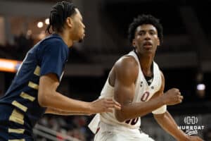 Omaha Mavericks Marquel Sutton backs down a defender during a college basketball game against Oral Roberts on March 1st, 2025 in Omaha Nebraska. Photo by Brandon Tiedemann.