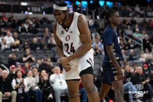 Omaha Mavericks Isaac Ondekane celebrates a basket during a college basketball game against Oral Roberts on March 1st, 2025 in Omaha Nebraska. Photo by Brandon Tiedemann.