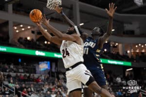 Omaha Mavericks Isaac Ondekane looks to shoot during a college basketball game against Oral Roberts on March 1st, 2025 in Omaha Nebraska. Photo by Brandon Tiedemann.