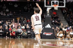 Omaha Mavericks Tony Osburn celebrates a three during a college basketball game against Oral Roberts on March 1st, 2025 in Omaha Nebraska. Photo by Brandon Tiedemann.