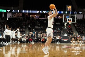 Omaha Mavericks Tony Osburn shoots a wide open three during a college basketball game against Oral Roberts on March 1st, 2025 in Omaha Nebraska. Photo by Brandon Tiedemann.