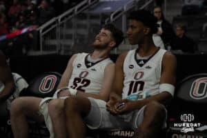 Omaha Mavericks Tony Osburn and Marquel Sutton before a college basketball game against Oral Roberts on March 1st, 2025 in Omaha Nebraska. Photo by Brandon Tiedemann.