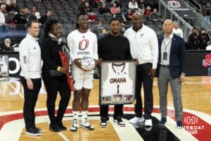 Omaha Mavericks JJ White with family on senior day before a college basketball game against Oral Roberts on March 1st, 2025 in Omaha Nebraska. Photo by Brandon Tiedemann.