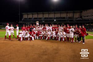 Nebraska Cornhuskers pose for a team photo after the walk-off win over the Kansas St. Wildcats during a college baseball game Tuesday, April 29, 2025 in Lincoln, Nebraska. Photo by John S. Peterson.