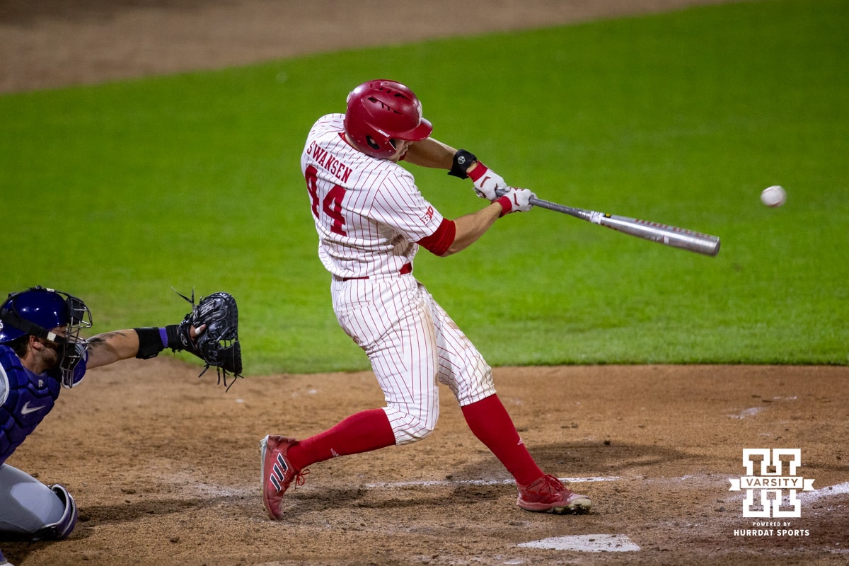 Nebraska Cornhusker outfielder Gabe Swansen (44) doubled down the line scoring three runs for a walk-off win over the Kansas St. Wildcats during a college baseball game Tuesday, April 29, 2025 in Lincoln, Nebraska. Photo by John S. Peterson.