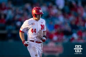 Nebraska Cornhusker outfielder Gabe Swansen (44) walked in the sixth against the Kansas St. Wildcats during a college baseball game Tuesday, April 29, 2025 in Lincoln, Nebraska. Photo by John S. Peterson.