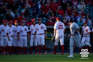 Nebraska Cornhusker pitcher Drew Christo (25) walks to the dugout after shutting down Kansas St. Wildcats in the sixth inning during a college baseball game Tuesday, April 29, 2025 in Lincoln, Nebraska. Photo by John S. Peterson.