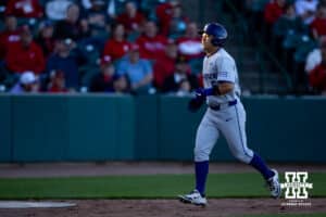 Kansas St. Wildcat infielder Shintaro Inoue (5) walked in for a run with bases loaded in the sixth against the Nebraska Cornhuskers during a college baseball game Tuesday, April 29, 2025 in Lincoln, Nebraska. Photo by John S. Peterson.