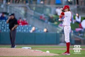 Nebraska Cornhusker pitcher Pryce Bender (6) in to pitch against the Kansas St. Wildcats in the sixth inning during a college baseball game Tuesday, April 29, 2025 in Lincoln, Nebraska. Photo by John S. Peterson.