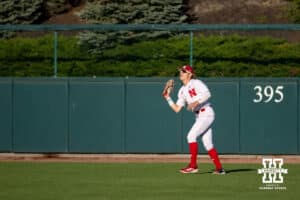 Nebraska Cornhusker outfielder Robby Bolin (5) makes a catch for an out against the Kansas St. Wildcats during a college baseball game Tuesday, April 29, 2025 in Lincoln, Nebraska. Photo by John S. Peterson.