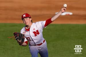 Nebraska Cornhusker pitcher Colin Nowaczyk (47) throws a pitch against the Kansas St. Wildcats during a college baseball game Tuesday, April 29, 2025 in Lincoln, Nebraska. Photo by John S. Peterson.