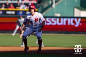Nebraska Cornhusker outfielder Gabe Swansen (44) leads off of first base against the Kansas St. Wildcats during a college baseball game Tuesday, April 29, 2025 in Lincoln, Nebraska. Photo by John S. Peterson.