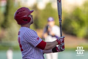 Nebraska Cornhusker outfielder Gabe Swansen (44) prepares to bat against the Kansas St. Wildcats during a college baseball game Tuesday, April 29, 2025 in Lincoln, Nebraska. Photo by John S. Peterson.