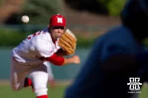 Nebraska Cornhusker pitcher Tucker Timmerman (32) throws a pitch against the Kansas St. Wildcats during a college baseball game Tuesday, April 29, 2025 in Lincoln, Nebraska. Photo by John S. Peterson.