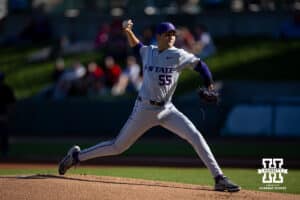 Kansas St. Wildcat pitcher Tanner Duke (55) throws a pitch against the Nebraska Cornhuskers in the first innning during a college baseball game Tuesday, April 29, 2025 in Lincoln, Nebraska. Photo by John S. Peterson.