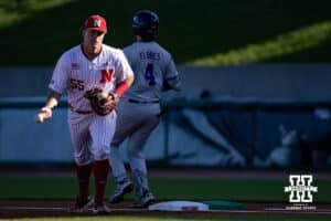 Nebraska Cornhusker infielder Tyler Stone (55) makes an out against the Kansas St. Wildcats in the first inning during a college baseball game Tuesday, April 29, 2025 in Lincoln, Nebraska. Photo by John S. Peterson.