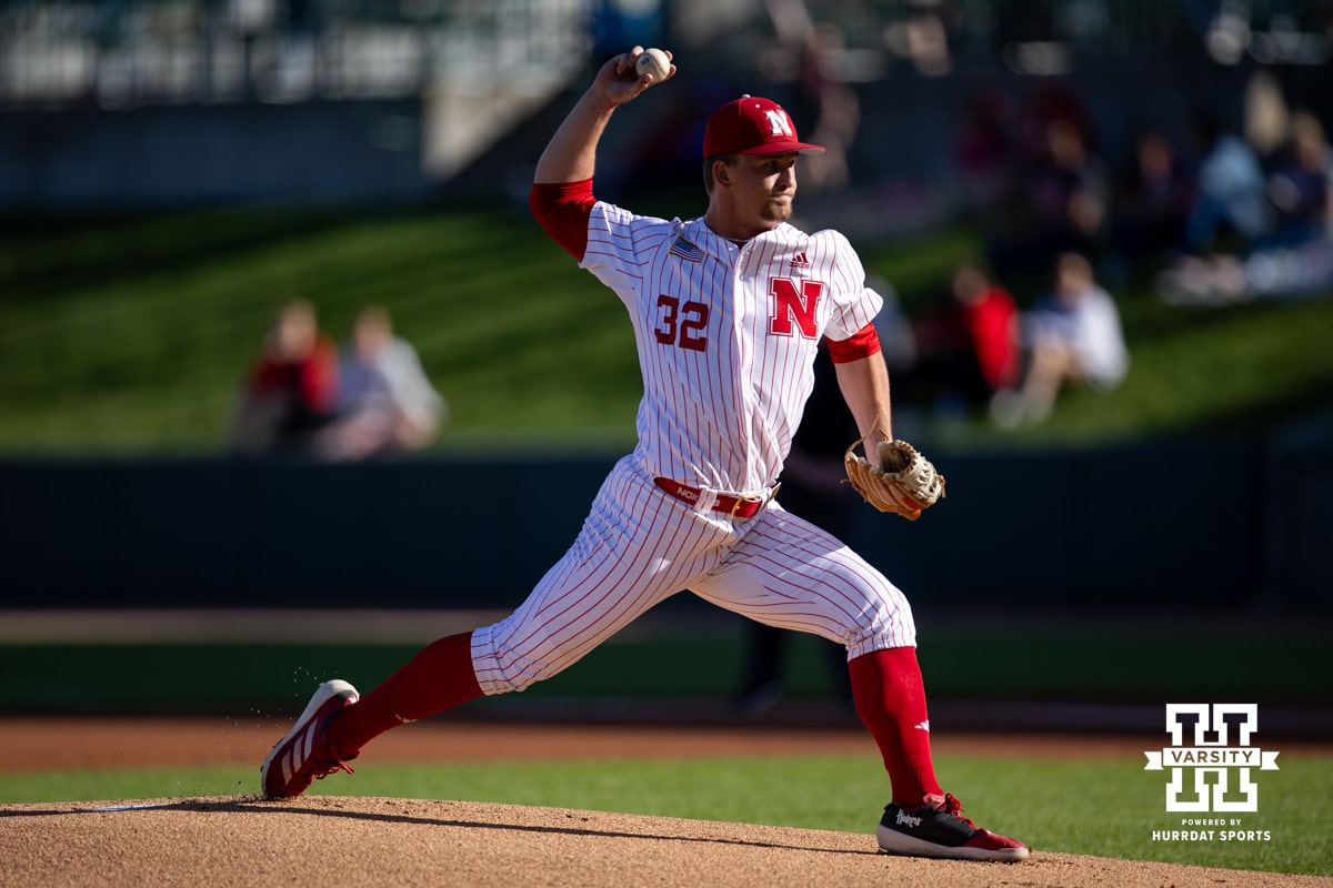 Nebraska Cornhusker pitcher Tucker Timmerman (32) throws a pitch against the Kansas St. Wildcats in the first inning during a college baseball game Tuesday, April 29, 2025 in Lincoln, Nebraska. Photo by John S. Peterson.