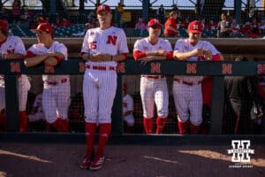 Nebraska Cornhuskers waitng for the start of the game against the Kansas St. Wildcats during a college baseball game Tuesday, April 29, 2025 in Lincoln, Nebraska. Photo by John S. Peterson.
