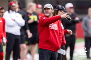 Nebraska defensive coordinator John Butler watching the action on the field during Husker games Saturday, April 26, 2025 in Lincoln, Nebraska. Photo by John S. Peterson.