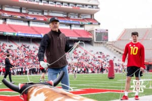 John Cook ropes a dummie steer during Husker games Saturday, April 26, 2025 in Lincoln, Nebraska. Photo by John S. Peterson.