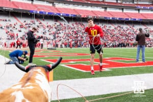 Heinrich Haarberg (10) throws the rope during Husker games Saturday, April 26, 2025 in Lincoln, Nebraska. Photo by John S. Peterson.