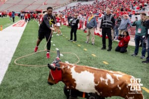 Nebraska defensive lineman Elijah Jeudy practicing roping during Husker games Saturday, April 26, 2025 in Lincoln, Nebraska. Photo by John S. Peterson.
