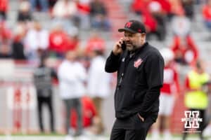 Nebraska head coach Matt Rhule on his phone during Husker games Saturday, April 26, 2025 in Lincoln, Nebraska. Photo by John S. Peterson.
