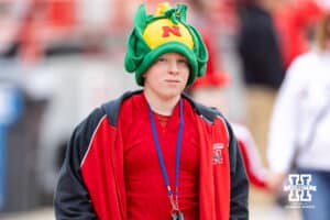 Nebraska fan wearing a corn hat during Husker games Saturday, April 26, 2025 in Lincoln, Nebraska. Photo by John S. Peterson.