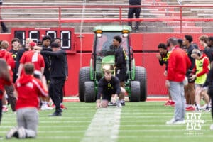 Nebraska defensive linemen Riley Van Poppel and Williams Nwaneri pull a tractor during Husker games Saturday, April 26, 2025 in Lincoln, Nebraska. Photo by John S. Peterson.