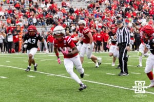 Nebraska wide receiver Jaidyn Doss (12) runs with the ball during Husker games Saturday, April 26, 2025 in Lincoln, Nebraska. Photo by John S. Peterson.
