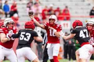 Nebraska quarterback Marcos Davilla (16) throws a pass during Husker games Saturday, April 26, 2025 in Lincoln, Nebraska. Photo by John S. Peterson.