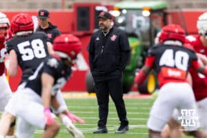 Nebraska head coach Matt Rhule watching the action on the field during Husker games Saturday, April 26, 2025 in Lincoln, Nebraska. Photo by John S. Peterson.